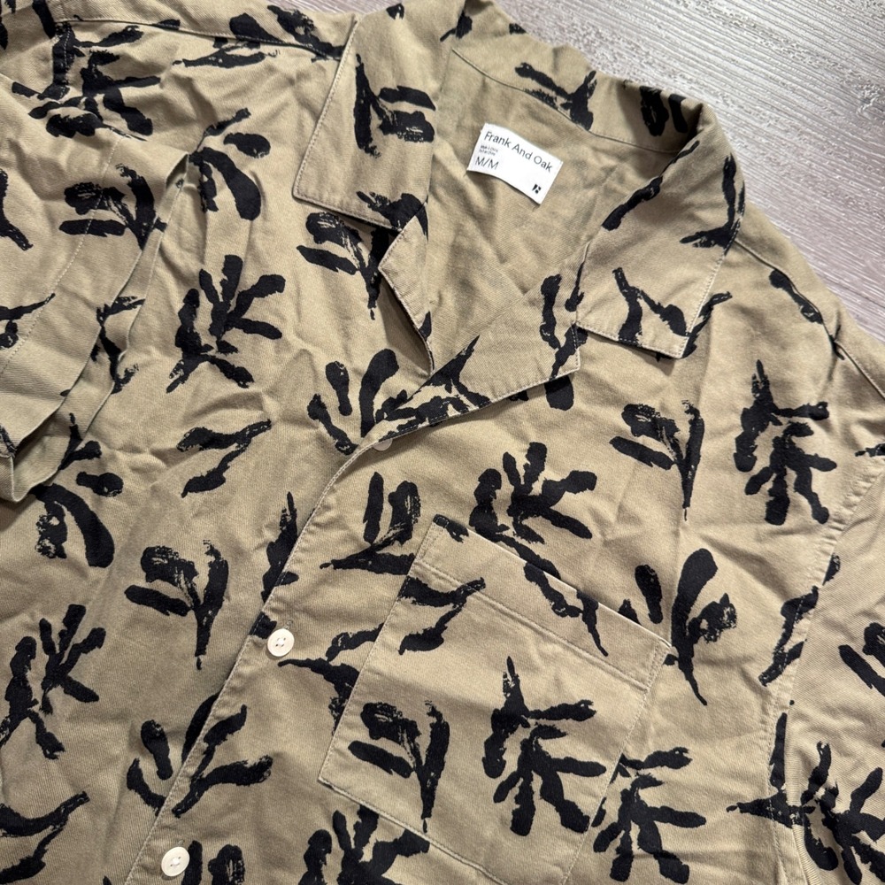 Frank And Oak Shirt Mens Medium Green Abstract Cotton Lyocell Camp Collar Resort